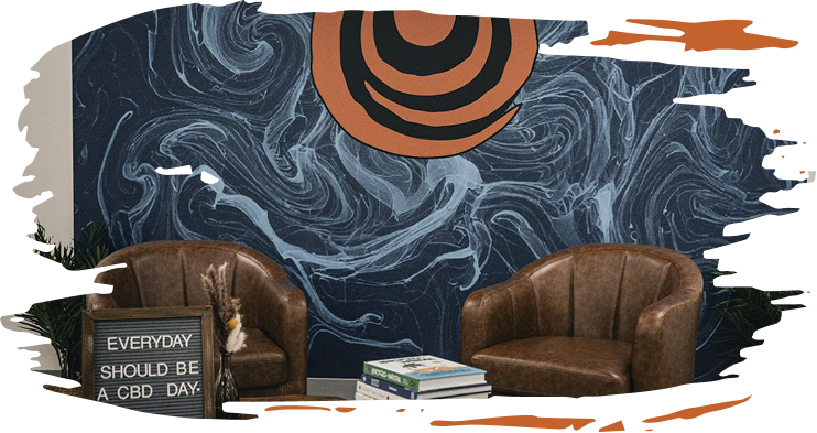 Union Chill leather-chair lounge with cannabis swirl mural