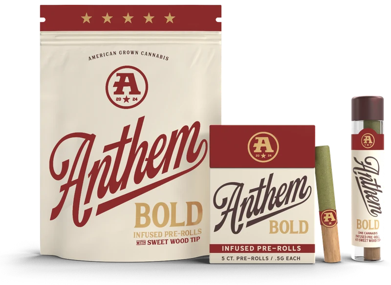 Anthem Bold infused pre-rolls: pouch, five-count box and a glass-tip pre-roll tube