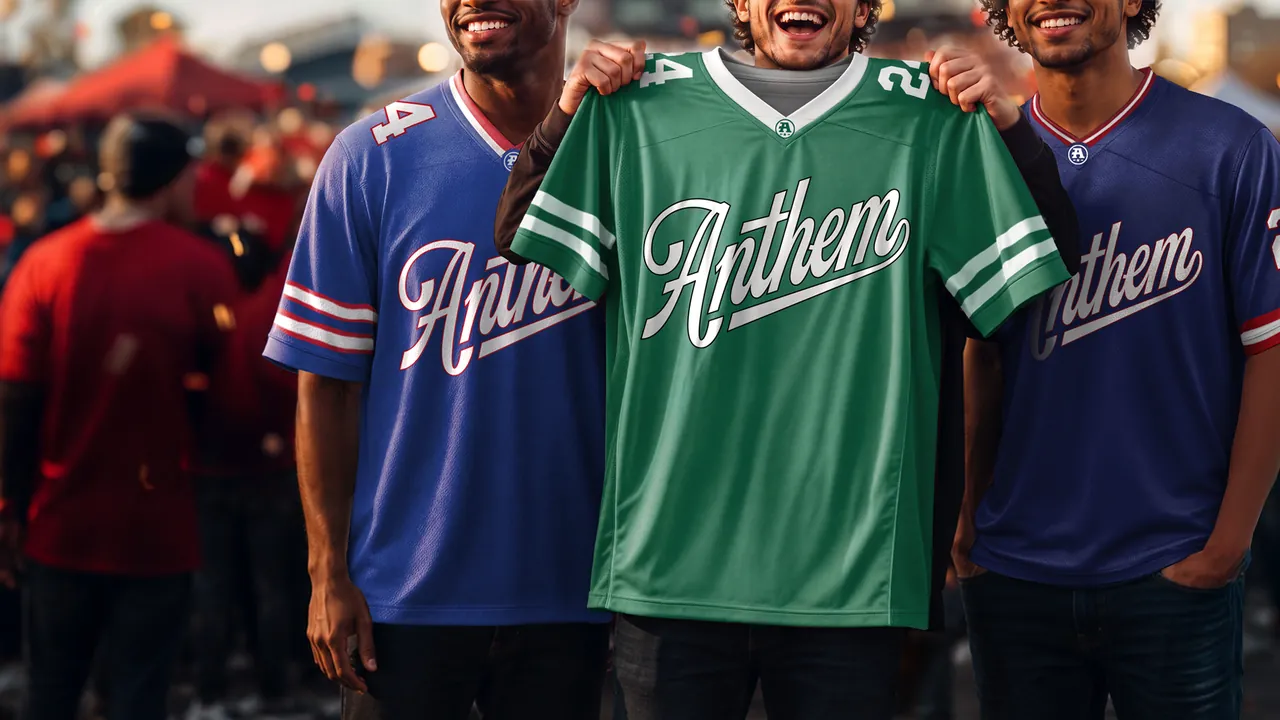 Anthem football campaign artwork: three custom Anthem jerseys, one green and two blue, held up at a tailgate